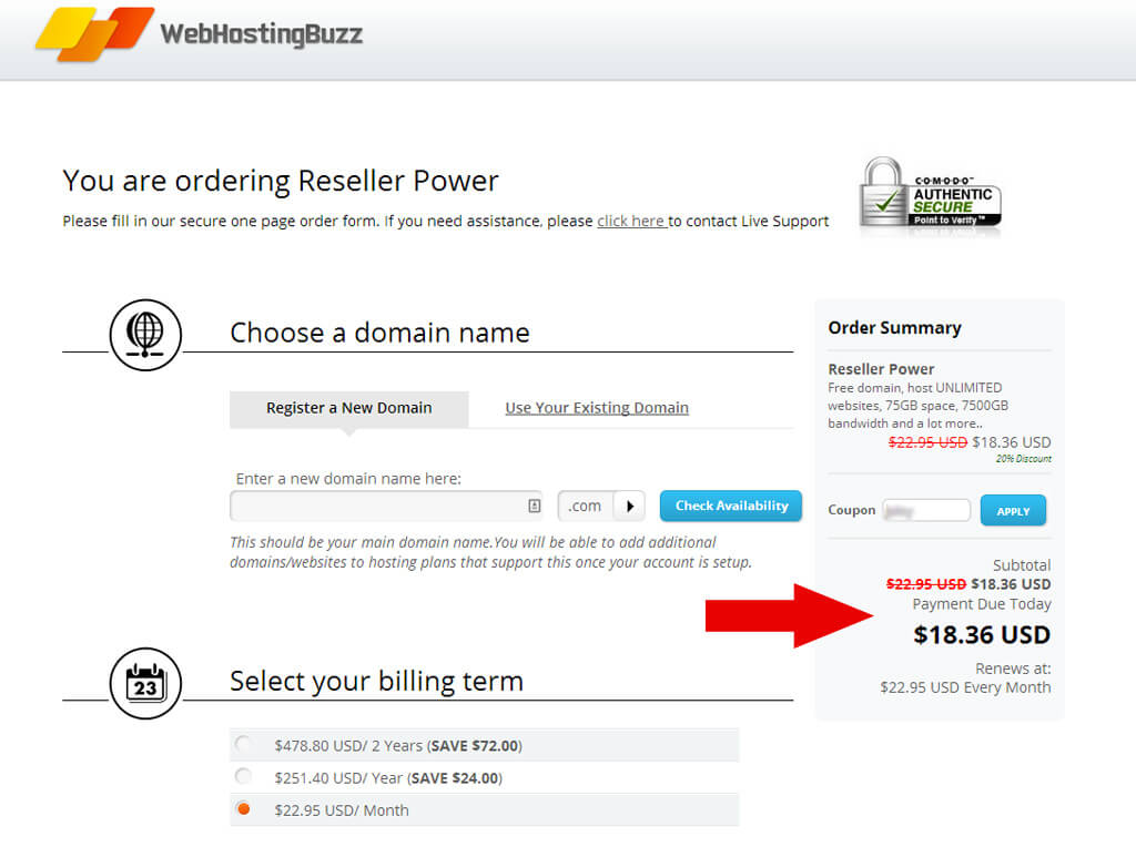 webhostingbuzz 20 off coupon screenshot