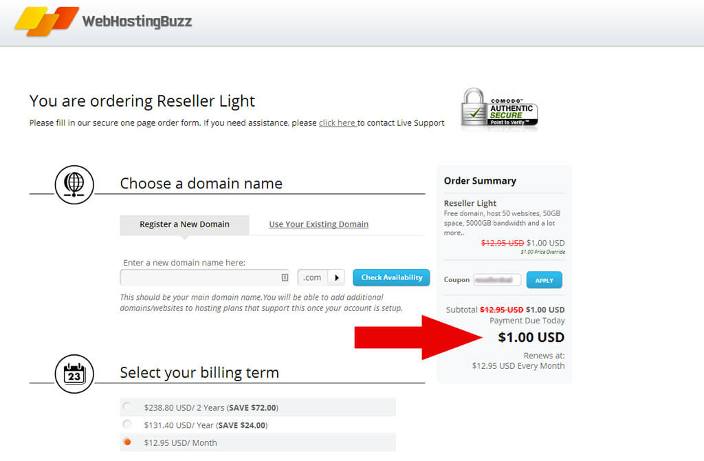 webhostingbuzz coupon screenshot